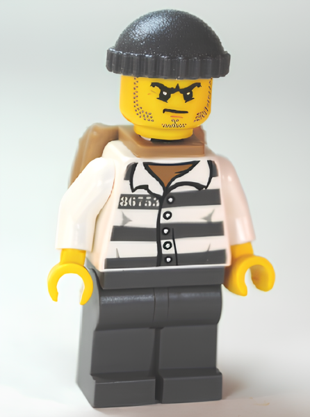 Минифигурка Lego Police - Jail Prisoner 86753 Prison Stripes, Dark Bluish Gray Knit Cap, Backpack, Scowl cty0480